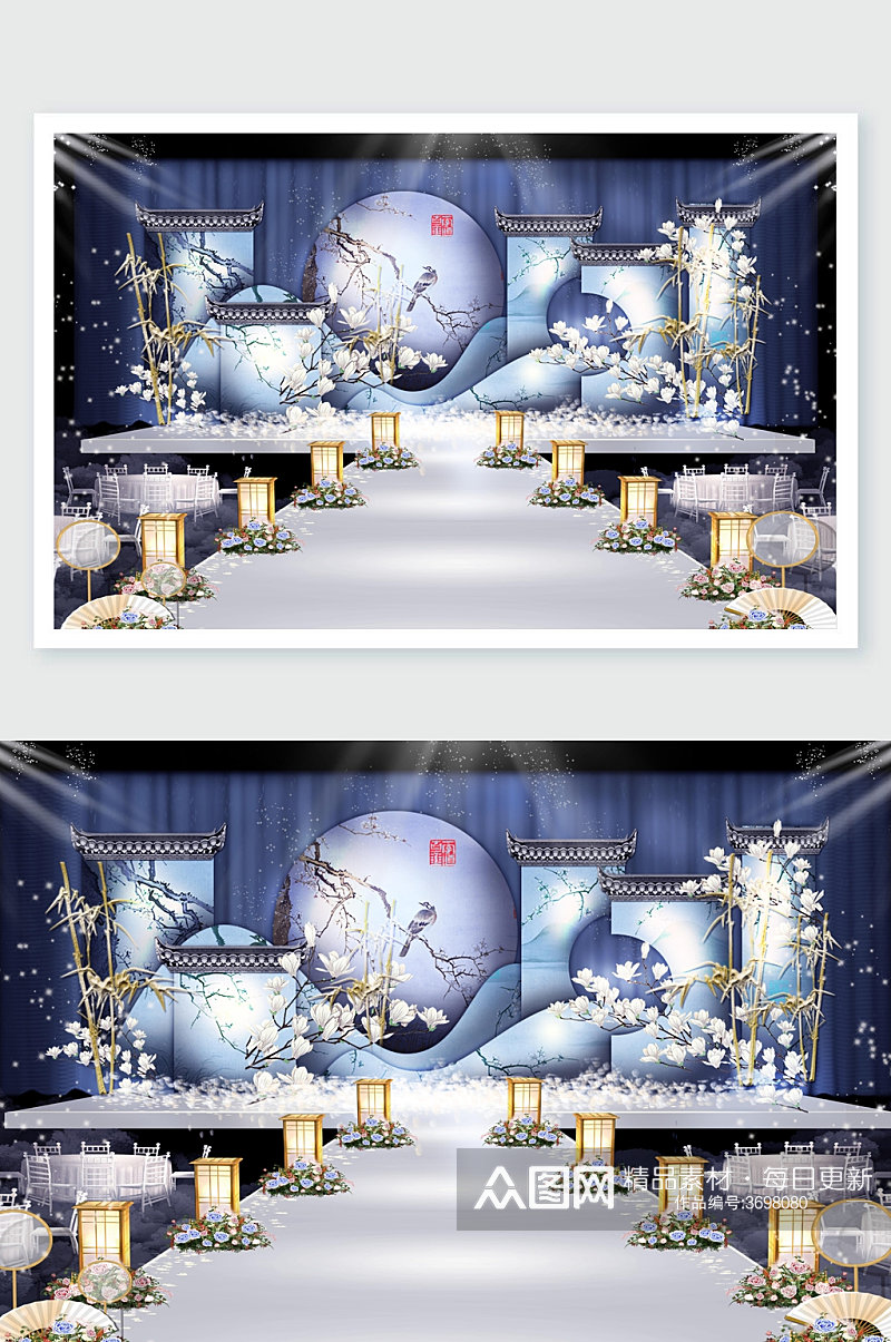 中式精美蓝色婚礼舞美设计素材