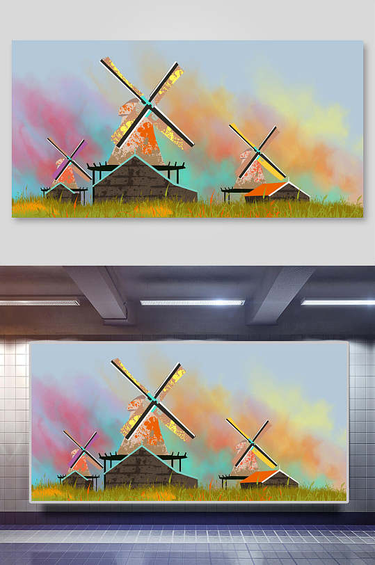 彩色荷兰风车插画