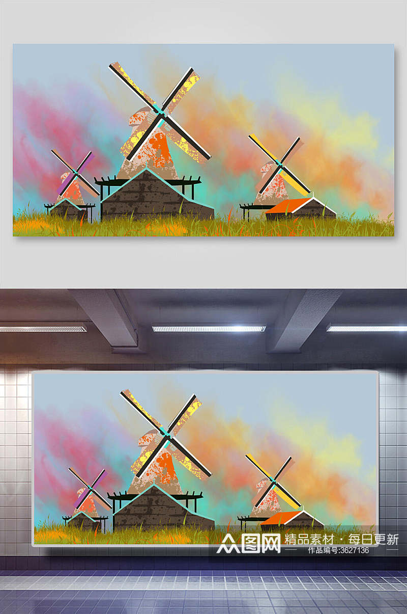 彩色荷兰风车插画素材