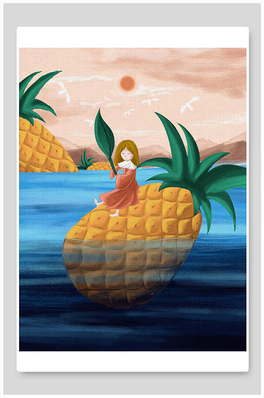 少女黄蓝手绘创意高端简约清新水果插画