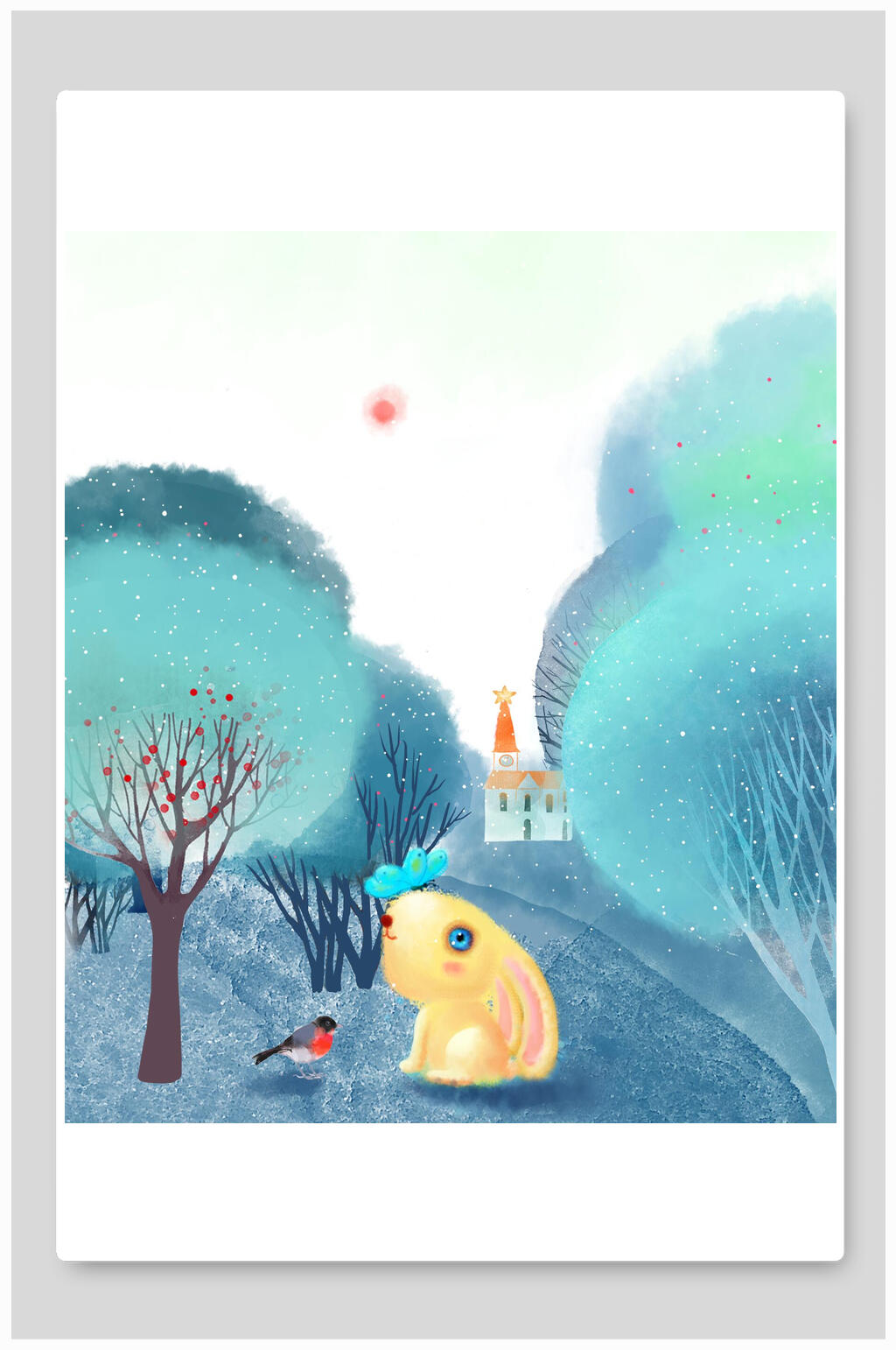 树木黄蓝创意大气清新精美梦幻插画素材