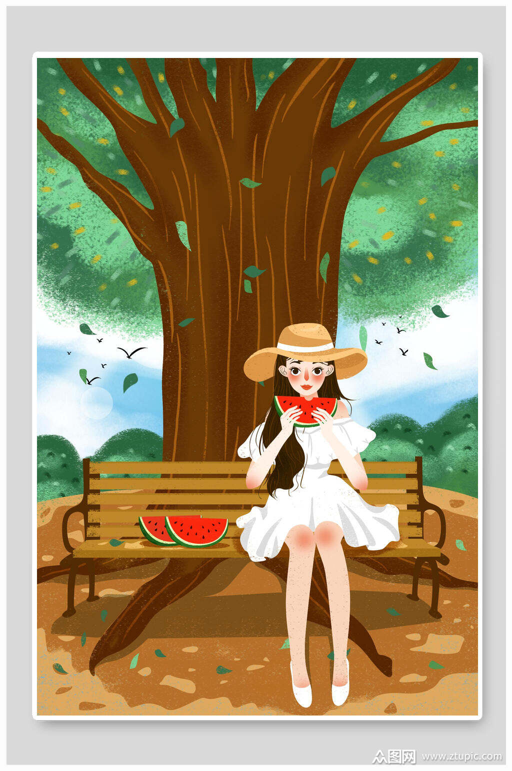 树木西瓜创意大气时尚室内大暑插画素材