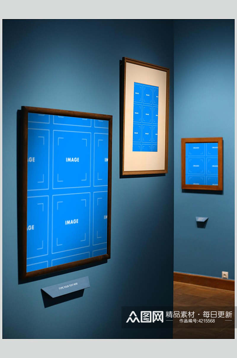 蓝色木质室内装饰宣传画相框画框场景样机素材