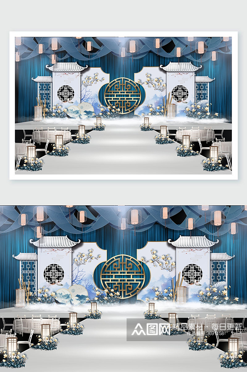 新中式蓝色婚礼舞美设计素材