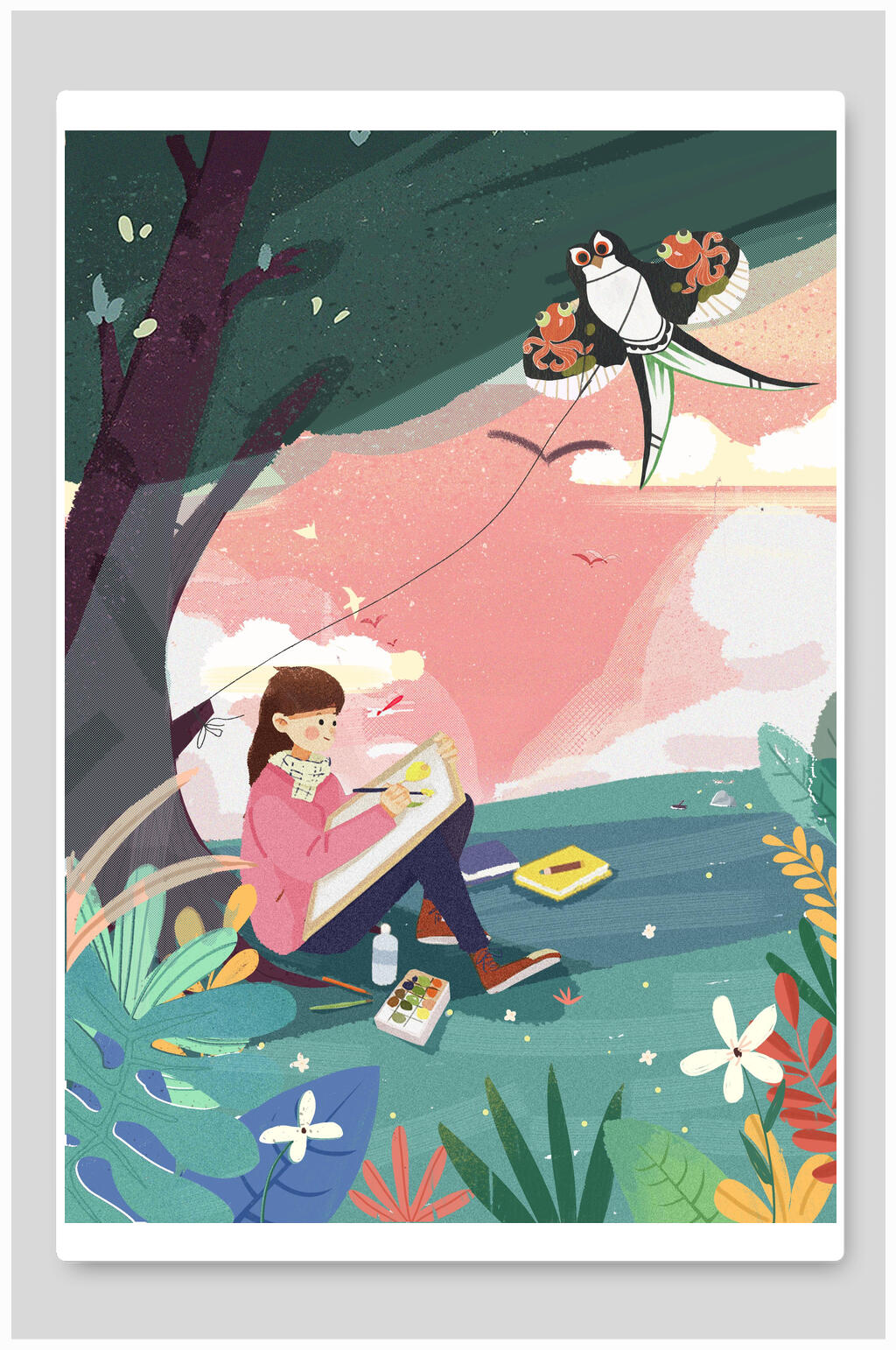 女孩风筝树木花朵手绘卡通可爱绿立春插画
