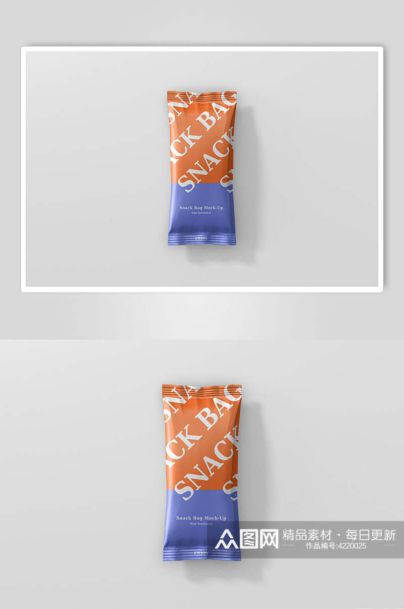 橙蓝英文创意膨化食品包装袋样机素材
