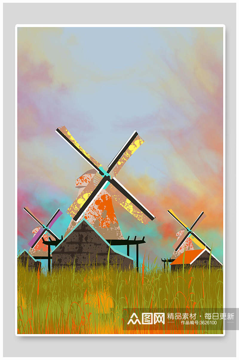 彩色梦幻风车荷兰风车竖图插画素材