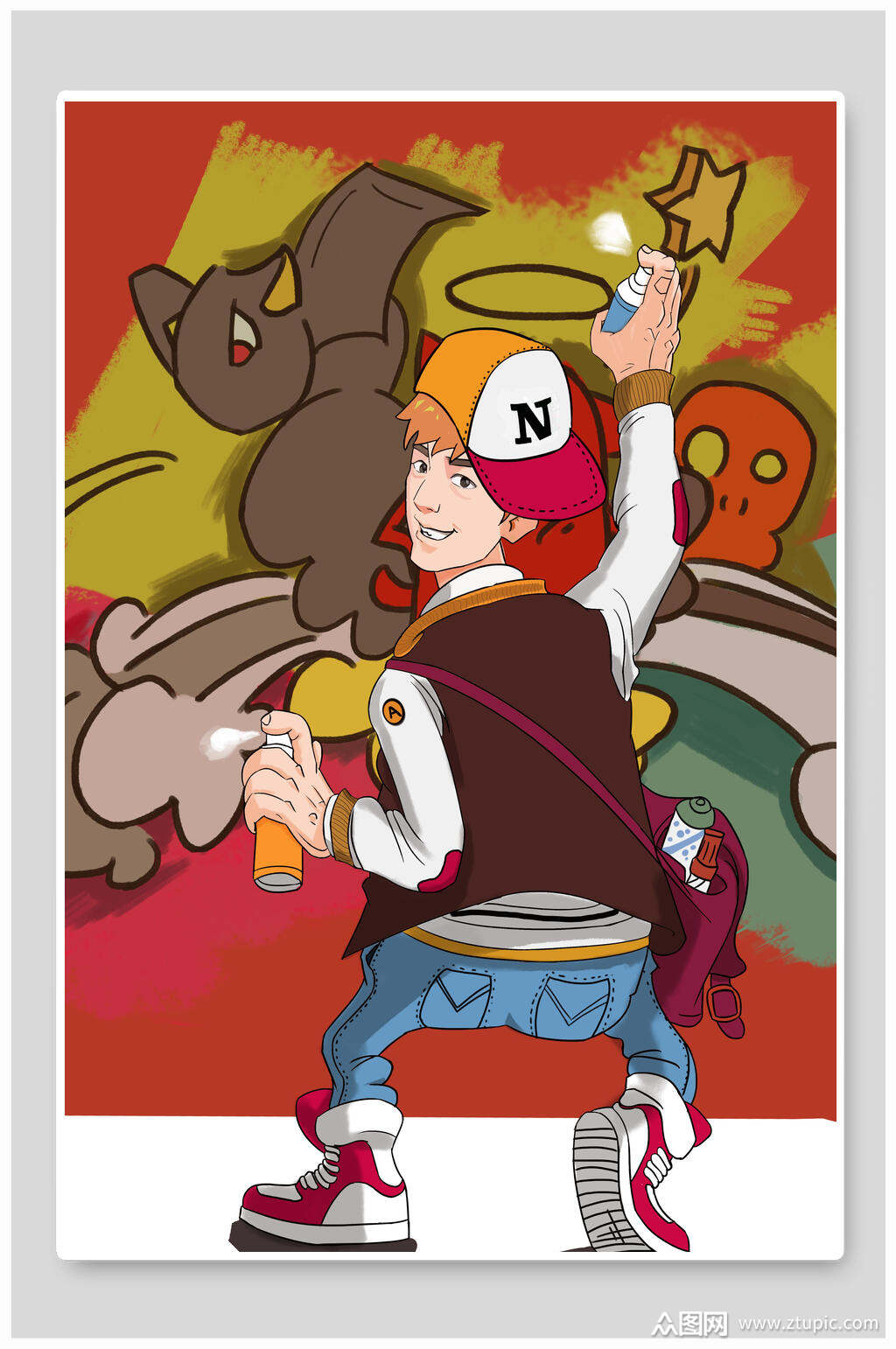 男孩手绘卡通喷漆牛仔裤彩色街头嘻哈插画模板下载-编号3631432-众图