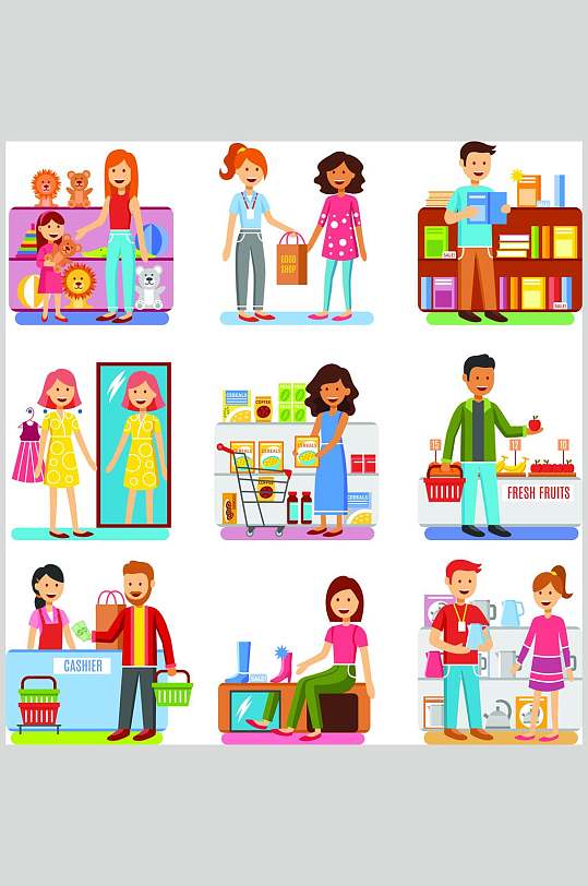 插画男女扁平化人物商场购物矢量素材