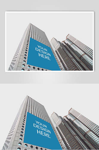 英文蓝白色户外高楼大厦广告屏样机