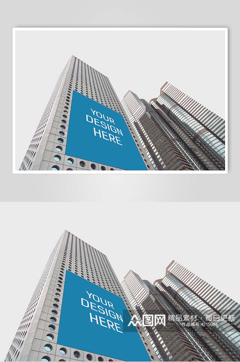 英文蓝白色户外高楼大厦广告屏样机素材