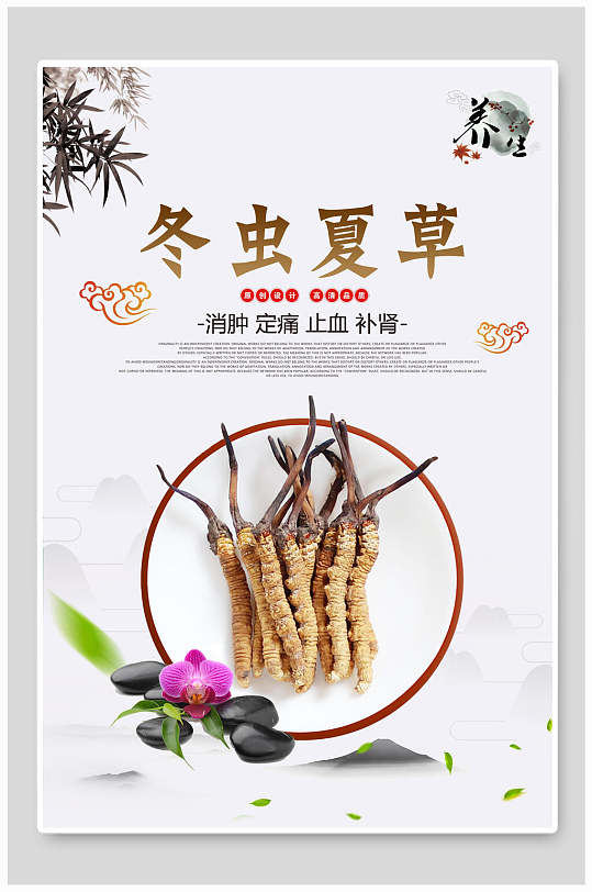 中国风冬虫夏草食材促销海报