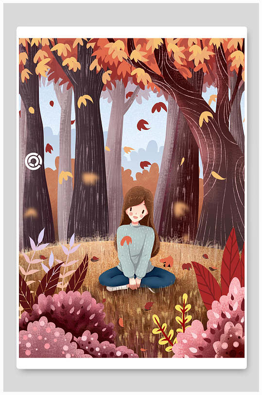 落叶秋分人物插画