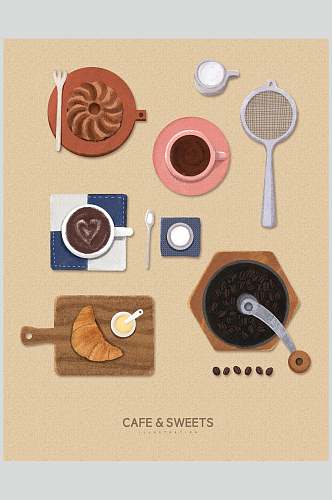 手绘拉花咖啡蛋糕面包甜品插画设计素材