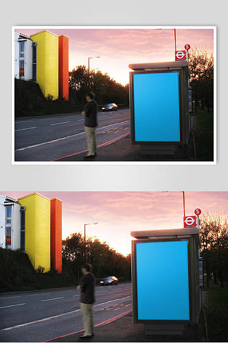 蓝色创意广告背景墙海报展示场景样机