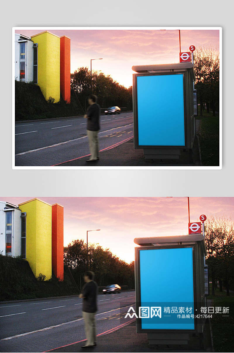 蓝色创意广告背景墙海报展示场景样机素材