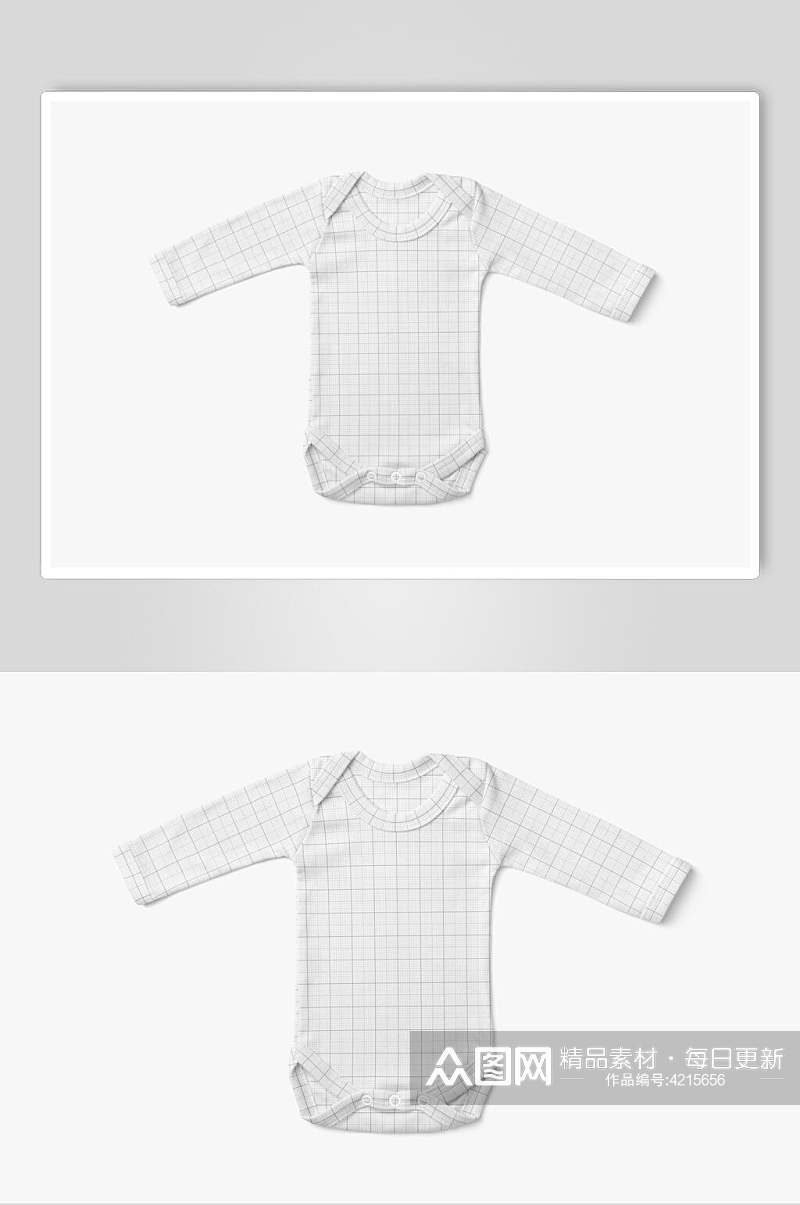 方格线条长袖白婴儿连体衣样机素材
