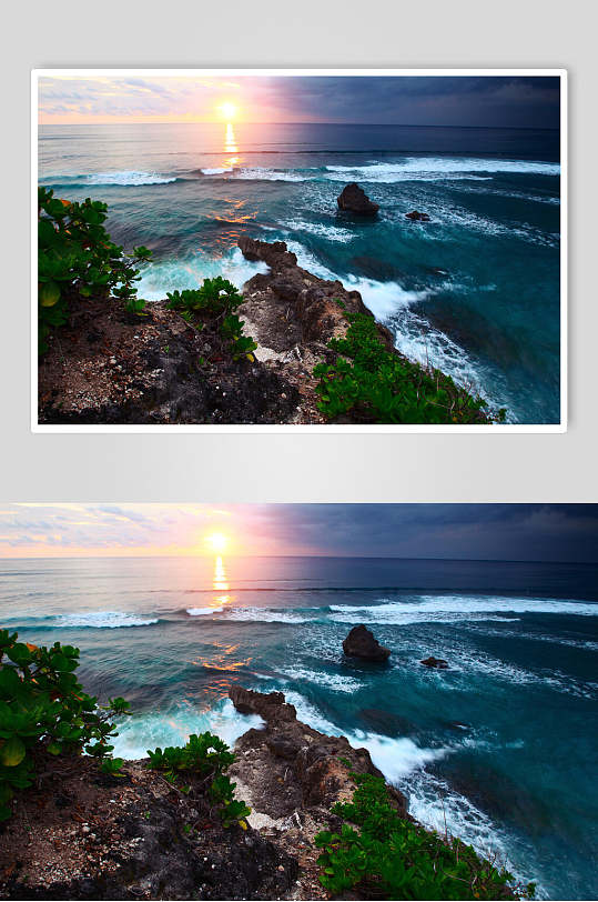 黄昏下的海岸线海湾海峡海平面图片