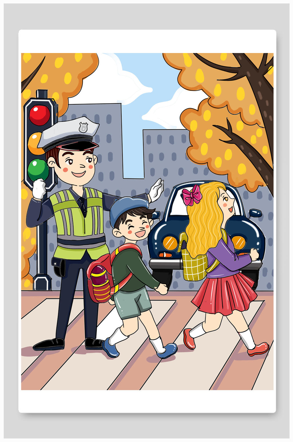 过马路警察创意高端可爱交通安全插画