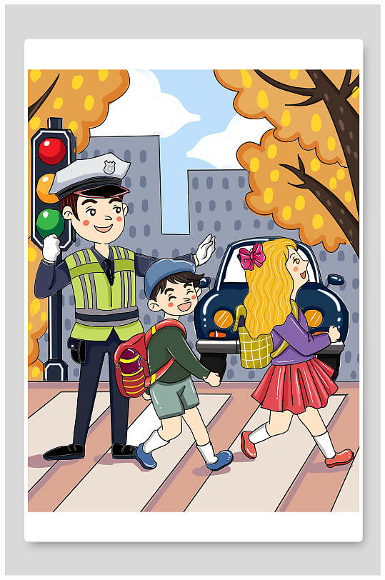 过马路警察创意高端可爱交通安全插画