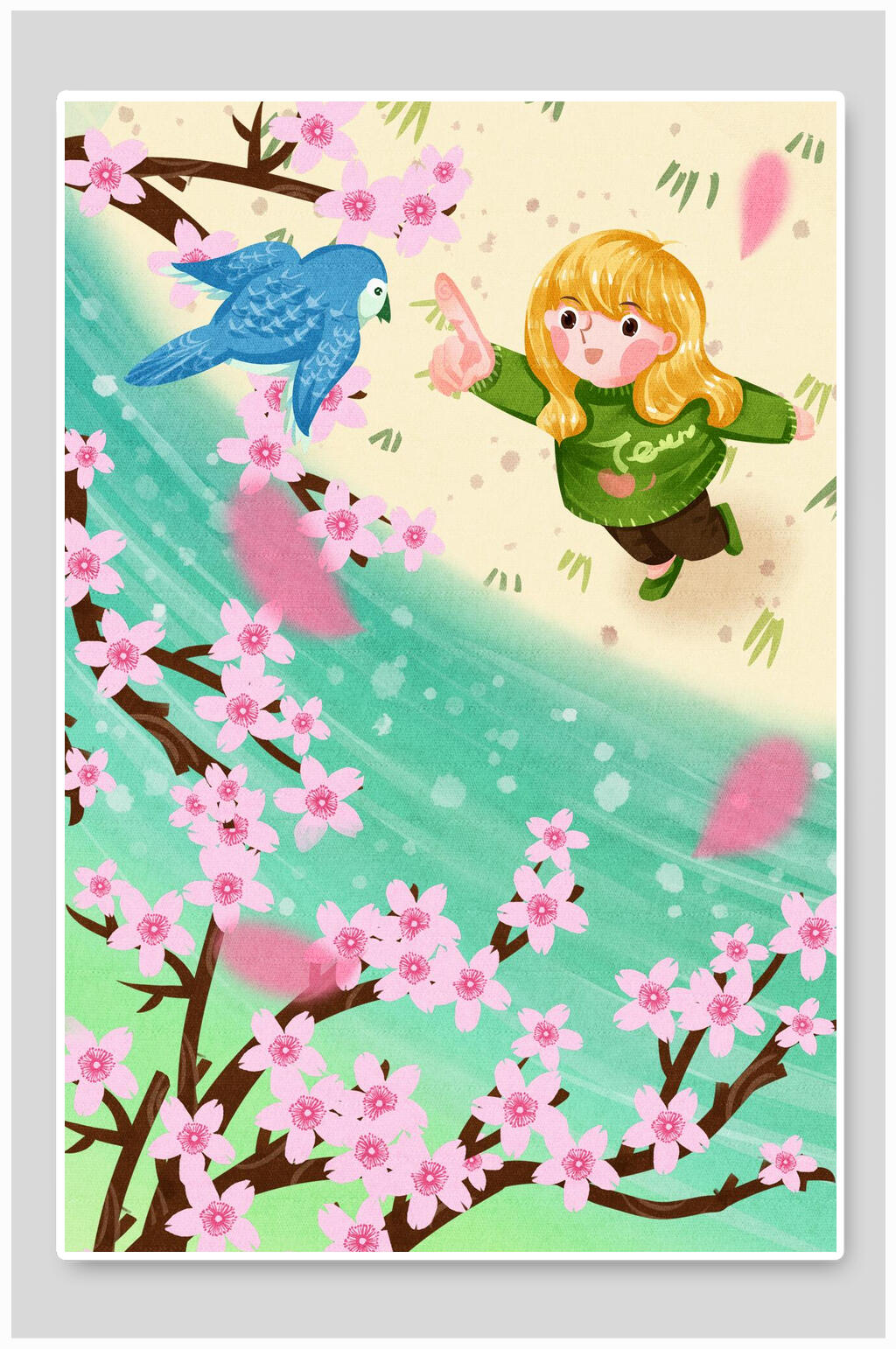 桃花和鸟立春插画素材