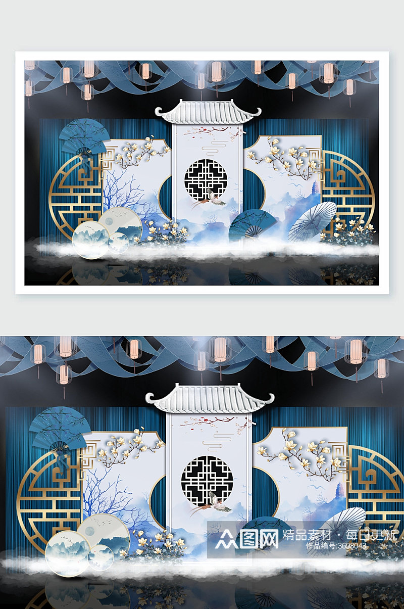 中式蓝色婚礼舞美设计素材
