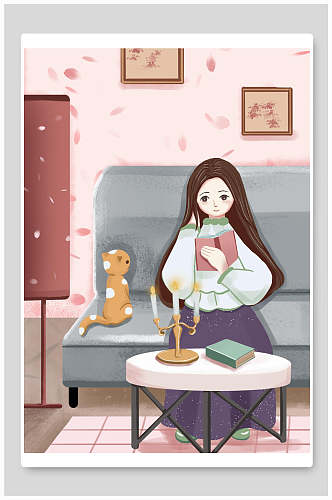 女孩看书坐沙发上一只小猫温馨冬至插画