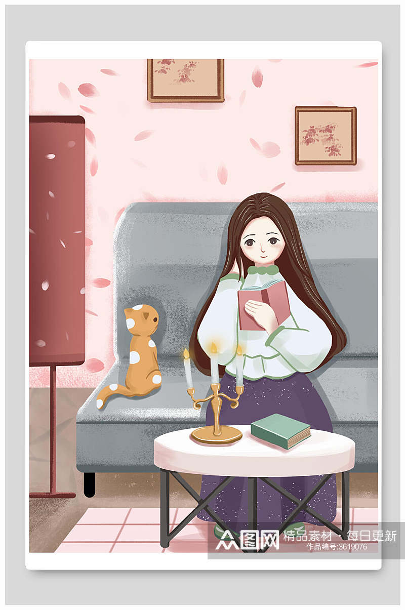 女孩看书坐沙发上一只小猫温馨冬至插画素材