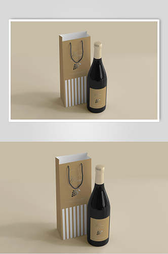 黄简约袋子红酒瓶包装设计贴图样机