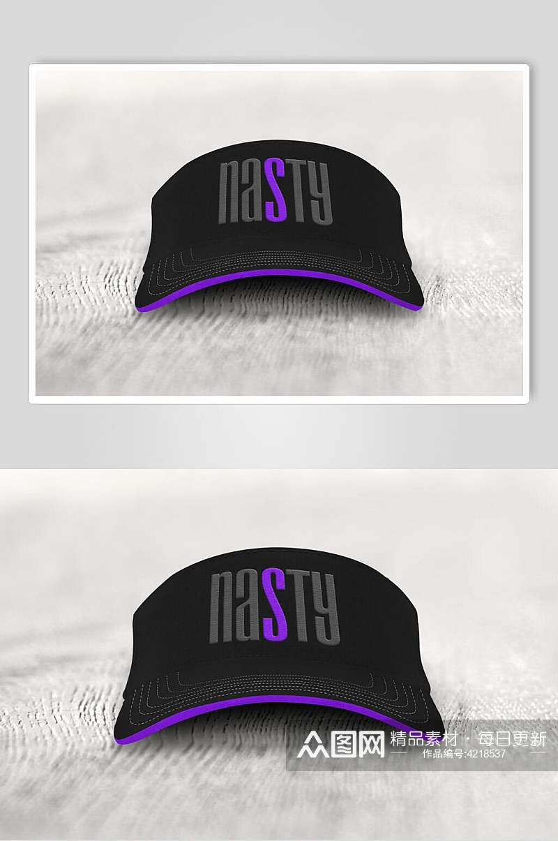 黑色紫边棒球帽贴图样机素材