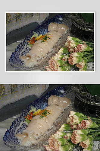 鱿鱼鲜花烧烤类食物照片