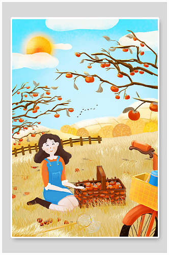 卡通吊带牛仔女孩摘果子秋分人物插画