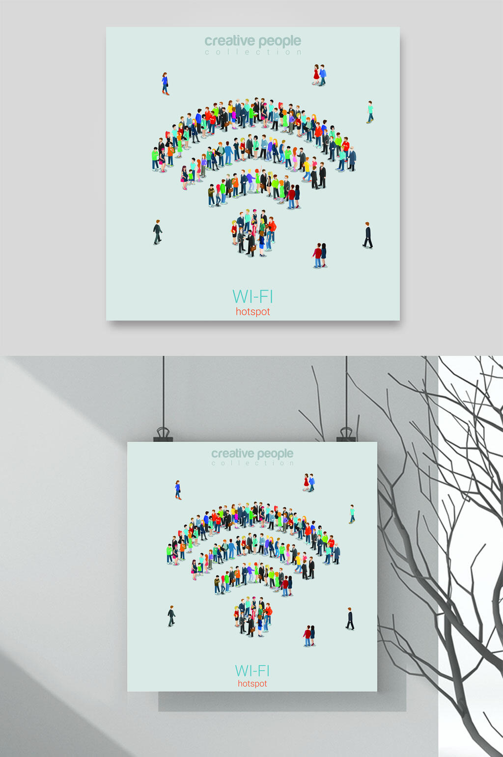 时尚WiFi立体人物场景矢量素材素材