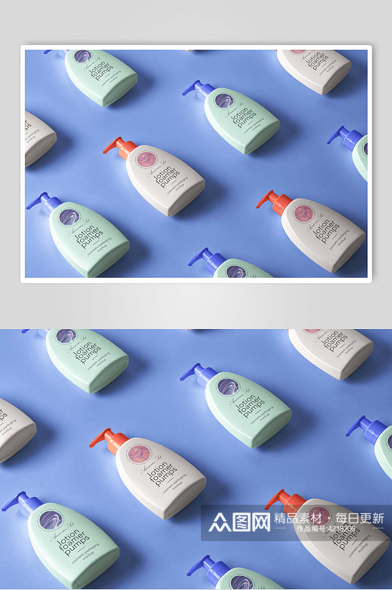 瓶子蓝色背景立体洗护产品展示样机素材