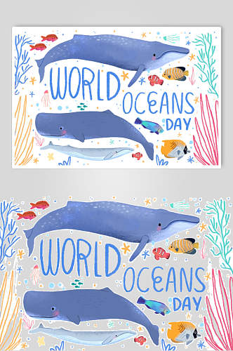 鲸鱼英文字母珊瑚卡通海洋矢量素材