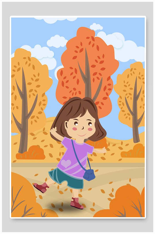 蓝橙手绘少女创意大气手绘立秋插画