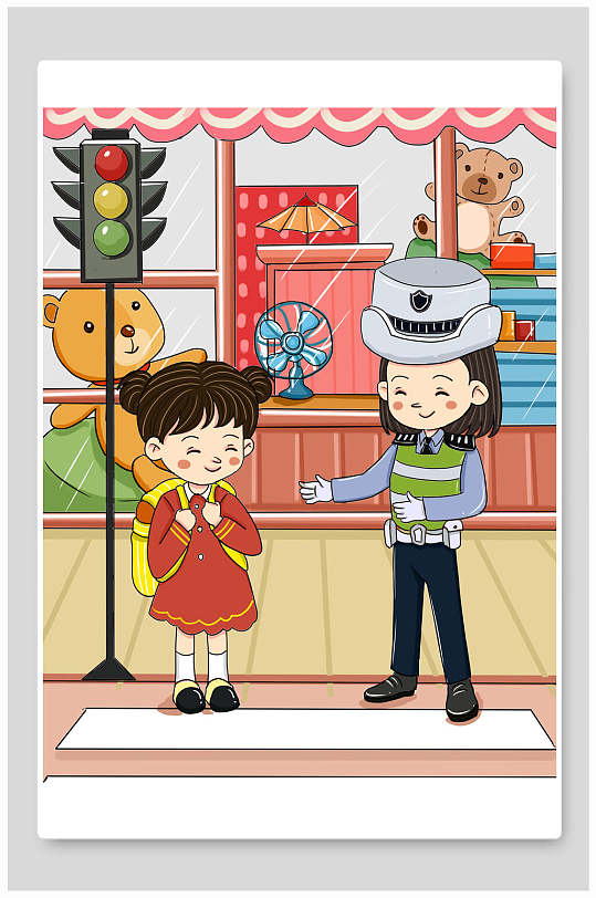 手绘过马路可爱创意高端交通安全插画