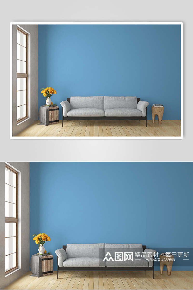 植物沙发大气极简蓝室内装饰画样机素材