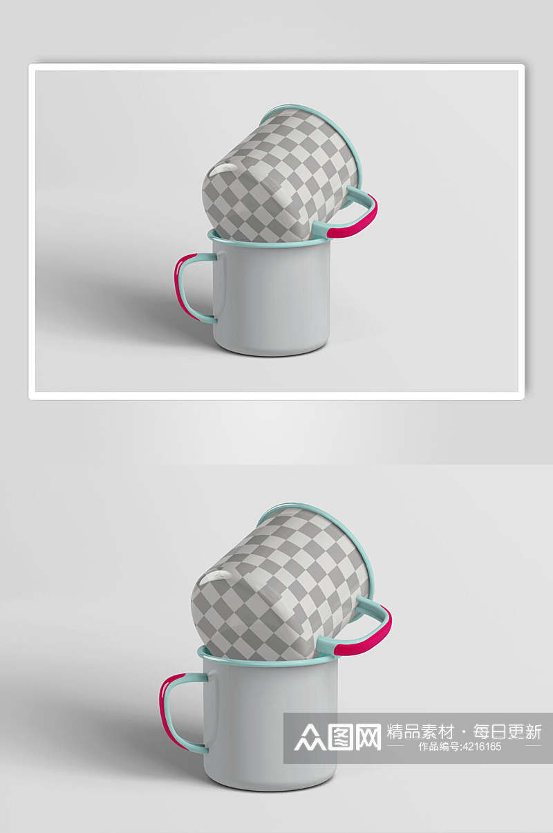 棋盘格搪瓷杯茶杯样机素材