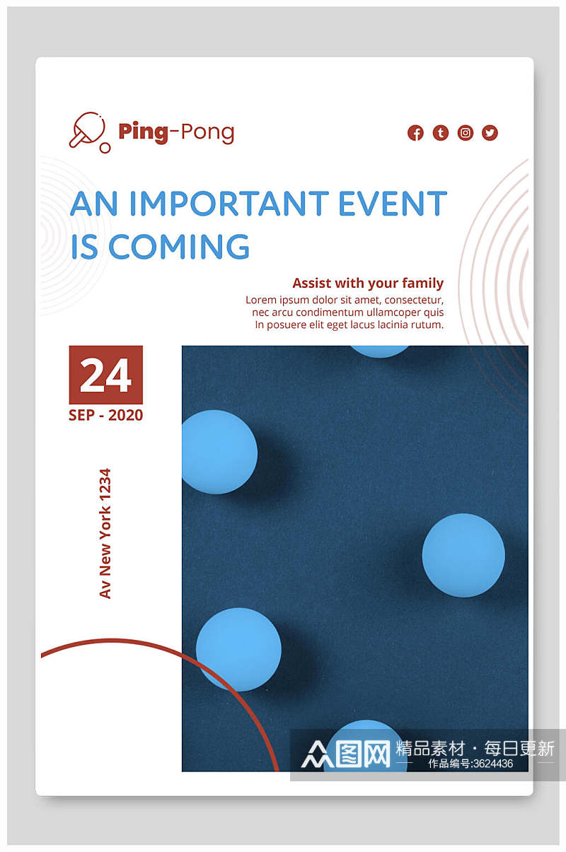 蓝白极简乒乓球版式设计海报素材
