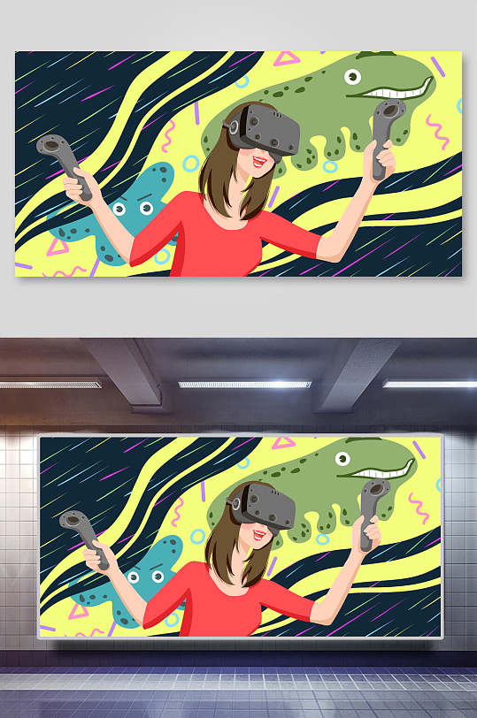 女孩vr科技眼镜插画