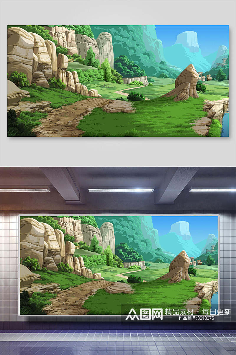 石头和草地游戏场景背景素材