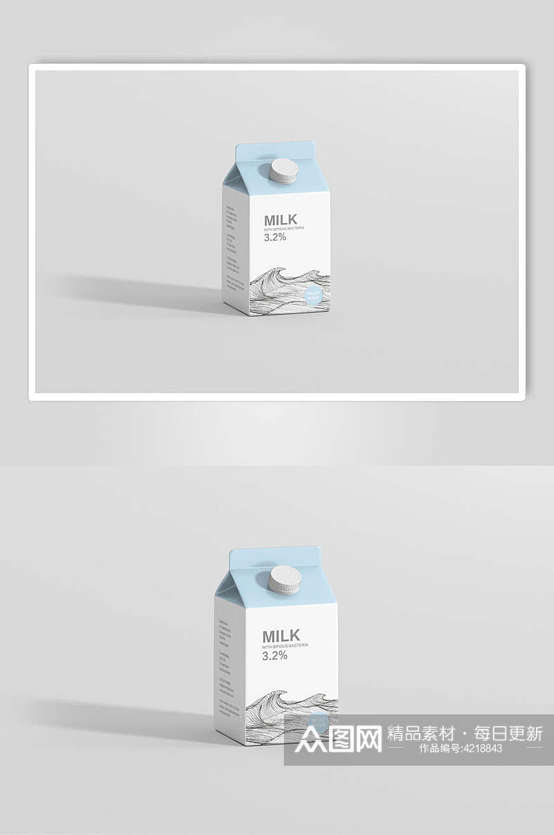 立体留白英文蓝灰牛奶盒包装样机素材