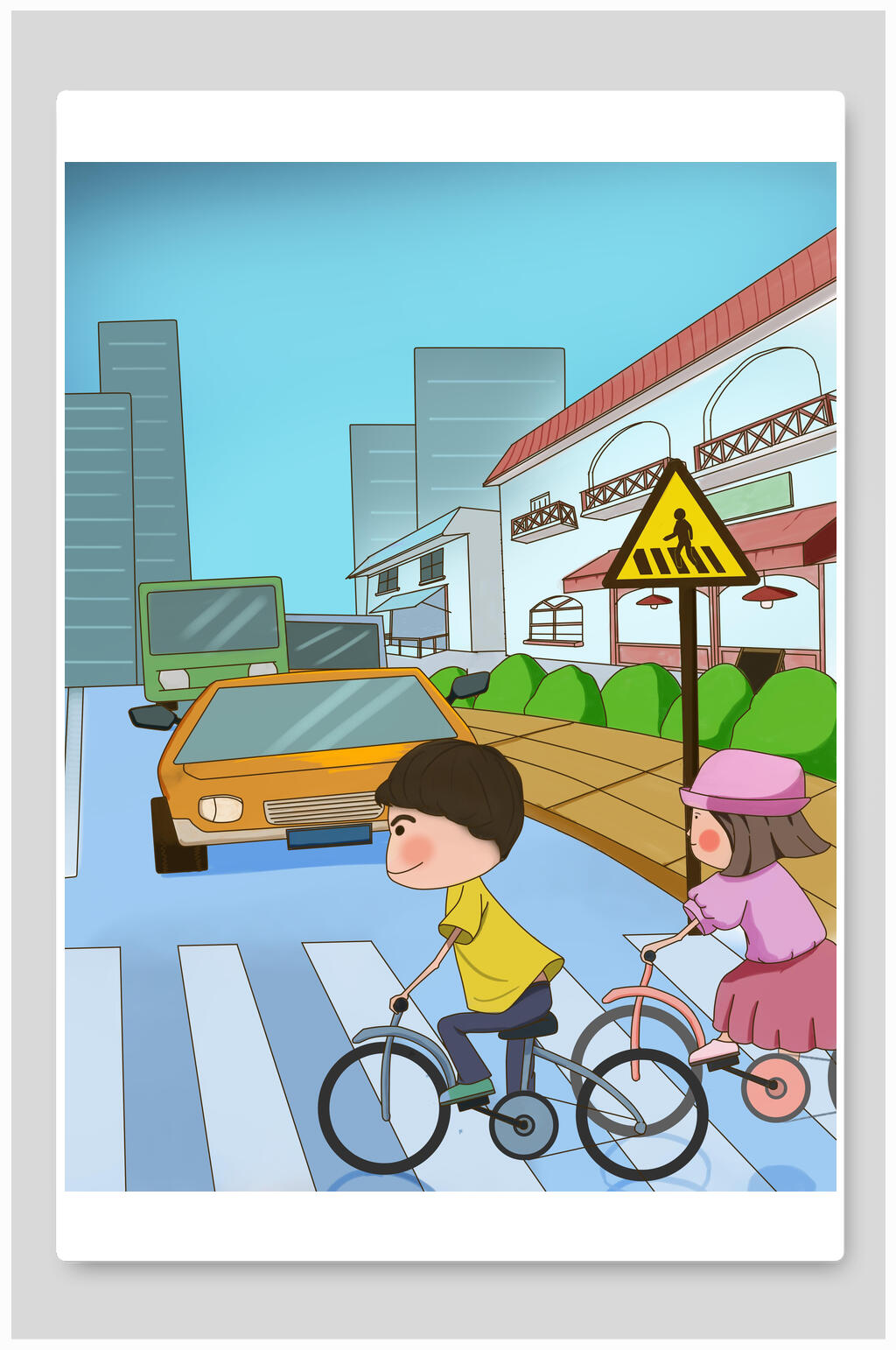 单车过马路创意高端时尚交通安全插画
