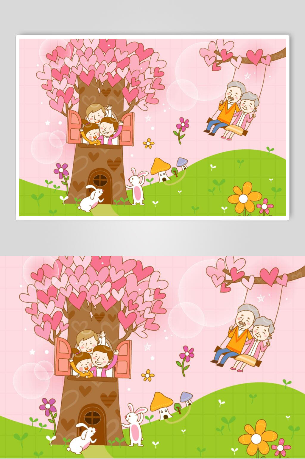 唯美爱心兔子卡通家庭插画素材