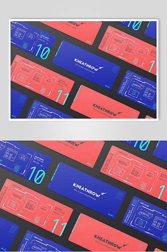 纸张蓝红色优惠券门票智能贴图样机