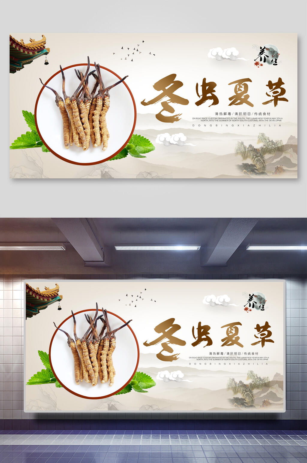 中国风冬虫夏草食材促销展板素材