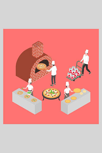 桌子壁橱披萨厨师帽桃色卡通美食矢量插画