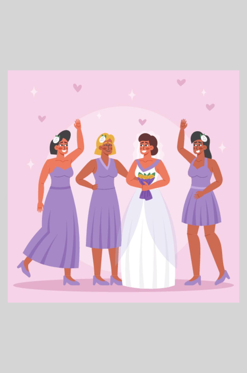 唯美时尚创意爱心新娘伴娘婚礼矢量插画素材