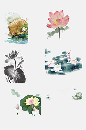 中国风大气水彩手绘荷花荷叶免抠设计素材
